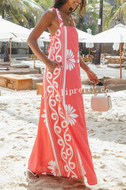 Unique Print Square Neck Open Back Tie Bow Holiday Maxi Dress