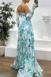 Reina Chiffon Floral Print Pleated Bodice Split Sleeve Strapless Slit Maxi Dress