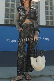 Black Magic Satin Unique Print Long Sleeve Blouse and Elastic Waist Pocket Wide Leg Pants Set