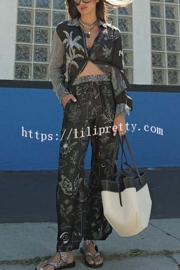 Black Magic Satin Unique Print Long Sleeve Blouse and Elastic Waist Pocket Wide Leg Pants Set