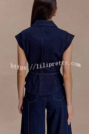 Charley Denim Button Up Cap Short Sleeve Structured Tie-up Lapel Top
