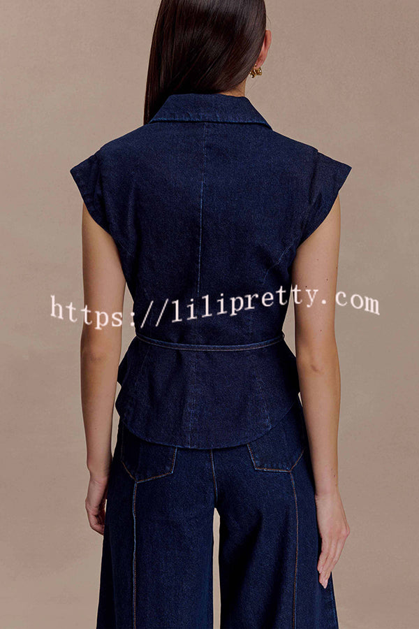 Charley Denim Button Up Cap Short Sleeve Structured Tie-up Lapel Top