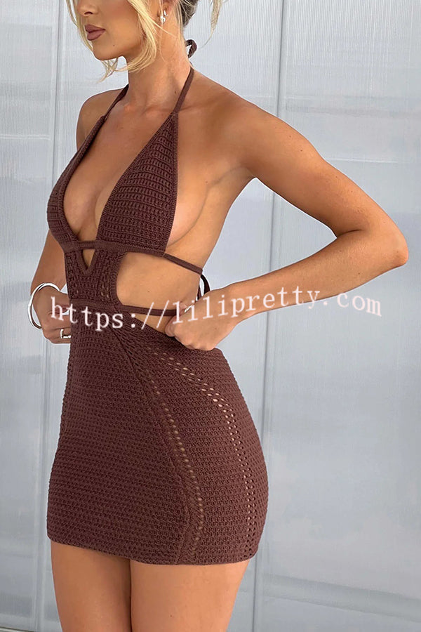 Effortlessly Cool and Sexy Knit Crochet Cutout Halter Tie-up Stretch Mini Dress