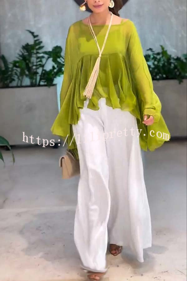 Romantic Journey Chiffon Ruffle Batwing Sleeve Top and Elastic Waist Pocket Loose Pants Set