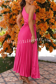 Charming One Shoulder Lace Up Cutout Pleated Maxi Dress