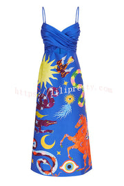 Main Stage Unique Printed Ruched Cross Over Detail Strap Midi Dress