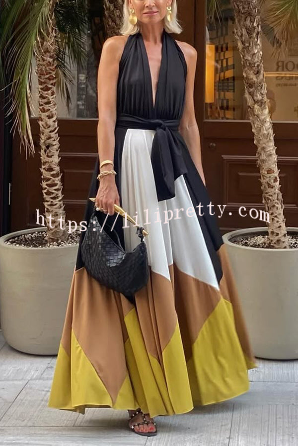 Fashion Colorblock Sexy Backless Tie Waist Full Hem Maxi Dress