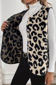 Leopard Print Sleeveless Button Plush Vest Jacket