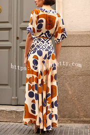 Alma Geometric Unique Print Cutout Waist Wide Sleeve Maxi Dress