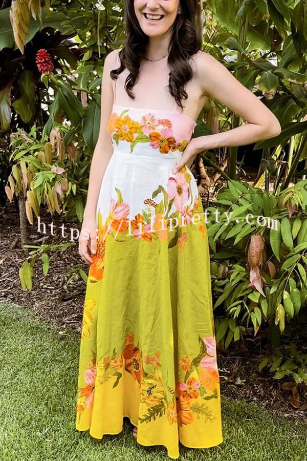 Lilipretty® Malakai Linen Blend Contrast Floral Print back smocked Pocket Maxi Dress