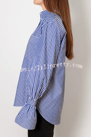 Striped Print Ruffled Long Sleeve Pockets Loose Shirt