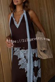 Sunday Social Contrast Color Satin Lace Trim Neck Strap Loose Tank