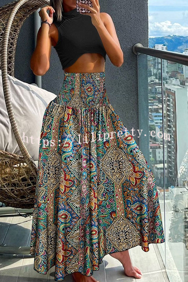 Unique Printed Pleated Elastic Waist Holiday Casual Maxi Skirt