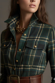 Retro Plaid Print Lapel Long-sleeved Pocket Maxi Dress