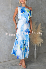 Satin Unique Print One Shoulder Tie Waist Slit Maxi Dress