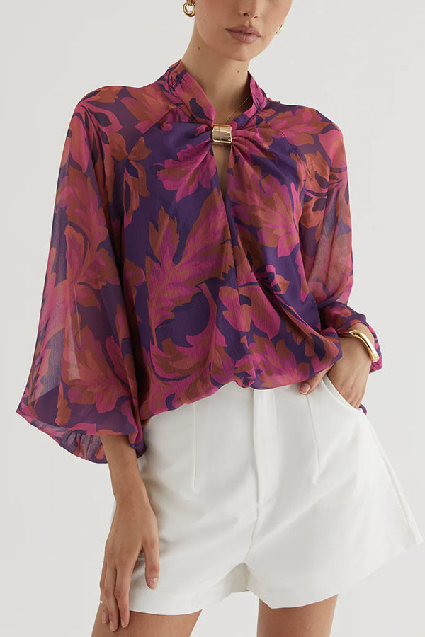 Essentials Printed Gold Cutout Collar Balloon Sleeve Blouse