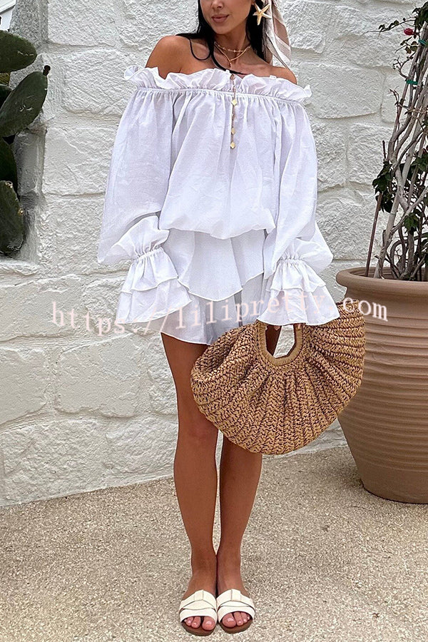 Arnell Linen Blend Off Shoulder Balloon Sleeve Shirt and Elastic Waist Layered Shorts Set