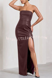 Sexy Meaning Faux Leather Strapless Bandeau Split Maxi Dress