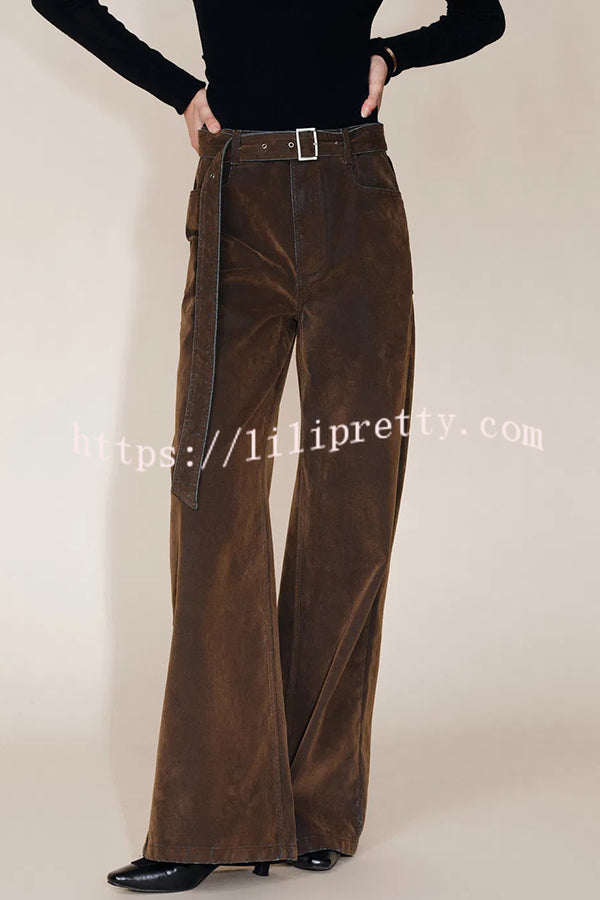 Taylor Denim Mid Rise Detachable Belt Flocked Pocket Wide Leg Jeans
