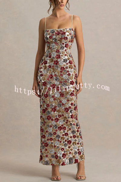 The Center of Attention Floral Print Sequin Square Neck Slip Stretch Maxi Dress