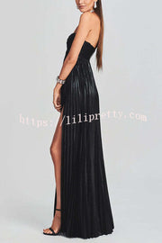 Metallic Sexy Tube Top Pleated High Slit Maxi Dress