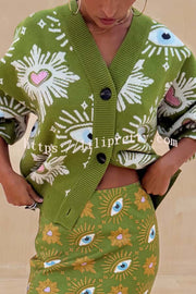 Mysterious Magic Knit Eye Heart Pattern Button Up Long Sleeve Loose Cardigan