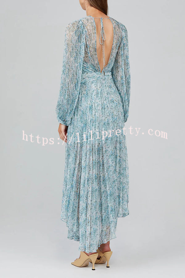 Dreamy Seaside Floral Balloon Sleeve Pleated Lightweight Maxi Dress