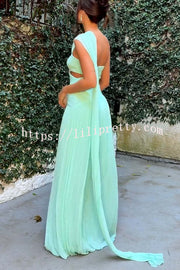 Forest Muse Chiffon Pleated Off Shoulder Cutout Waist Cape Maxi Dress