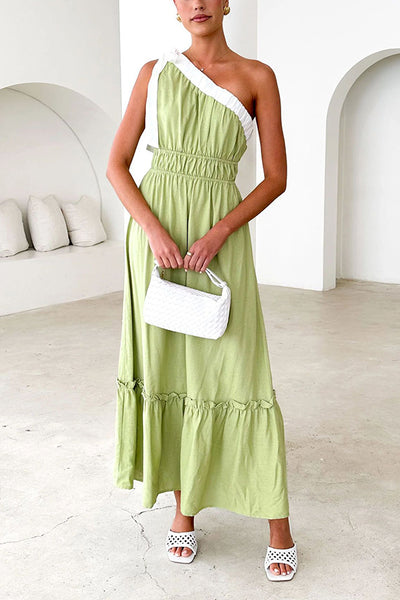 Fashion Sleeveless One Shoulder Tie Elastic Neck Pleated Maxi Dress