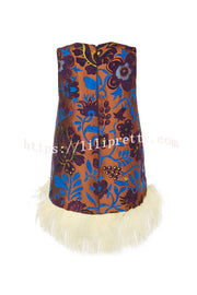 Emina Floral Feather Trim Trapezoidal Silhouette Asymmetrical Hem Top