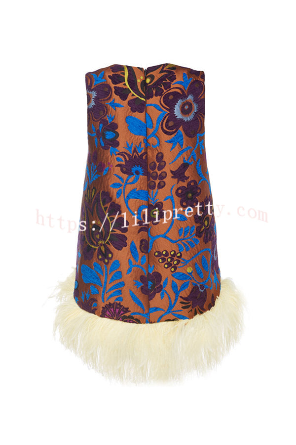 Emina Floral Feather Trim Trapezoidal Silhouette Asymmetrical Hem Top