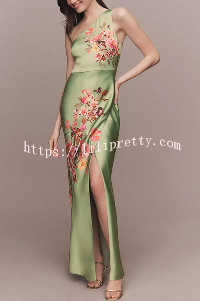 Wedding  Guest Satin Floral Print One Shoulder Side Slit Maxi Dress