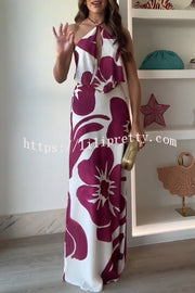 Leslie Flower Print Halter Cutout Cowl Neck Backless Maxi Dress