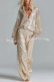 Glamorous Day Sequin Half Zip Loose Shirt and Elastic Waist Pocket Wide Leg Pants Set