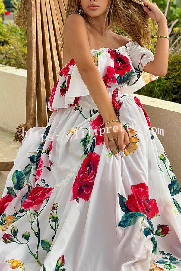 Glamorous Rose Print Patchwork Pleated High Waisted Maxi Dress