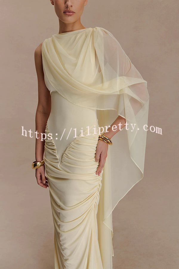 Fashionable Mesh Shawl Sleeveless Slim Fit Pleated Maxi Dress