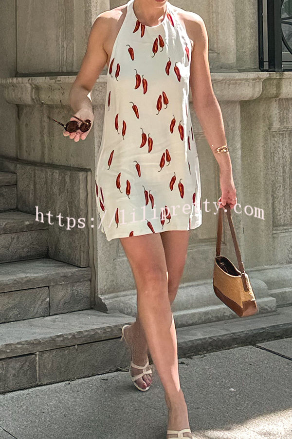 Lilipretty® Spicy Summer Chili Pepper Unique Print Soft Fabric Halter Loose Mini Dress