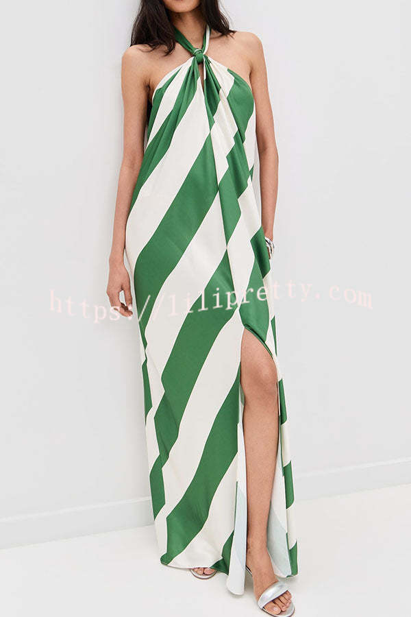 Most Dreamy Stripe Print Halter Tie-up Backless Pocket Loose Maxi Dress