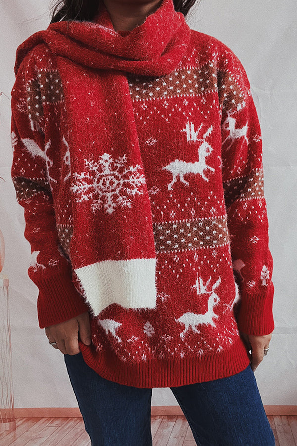 Christmas Pattern Knitted Round Tie Scarf Long Sleeve Sweater
