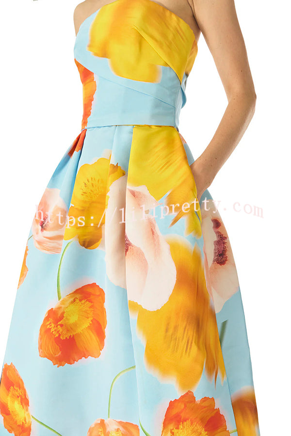 Floral Print Off Shoulder Backless Elegant Midi Dress