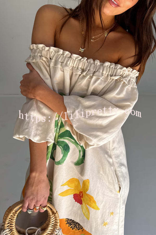 Sunveil Linen Blend Unique Print Puff Sleeve Pocket Strapless Maxi Dress