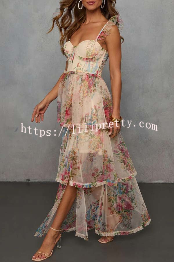 Romantic and Elegant Mesh Floral Back Smocked Tiered Ruffle Maxi Dress
