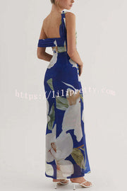 Drama Elegance Mesh Floral One Shoulder Ruched Stretch Maxi Dress