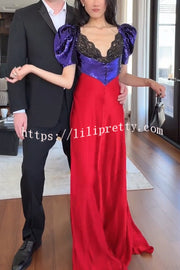 Like Snow White Sequin Lace Puff Sleeve Satin Hem Maxi Dress