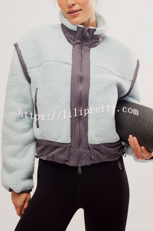 Stylish Patchwork Stand Collar Sherpa Zipper Jacket