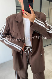 Levvie Striped Trim Long Sleeve Lapel Blazer and Rope Belt Pocketed Wide Leg Pants Set
