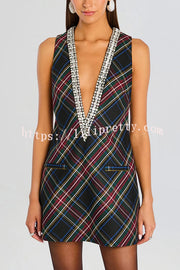 Elegant Demeanor Satin Gemstone Trim Deep V-Neck Tank H-line Mini Dress