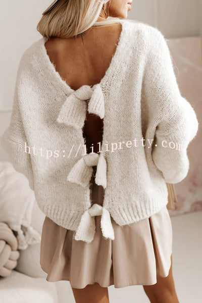 Solid Color Loose Open Back Bow Knitted Casual Sweater