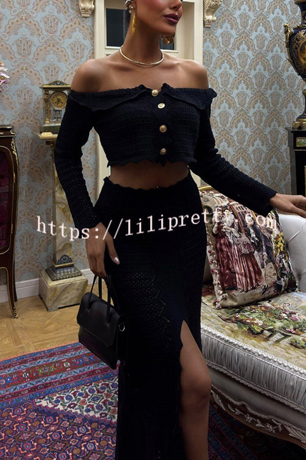 Fashion Knitted Off-the-shoulder Long-sleeved Top and Elastic Slit Maxi Skirt Set