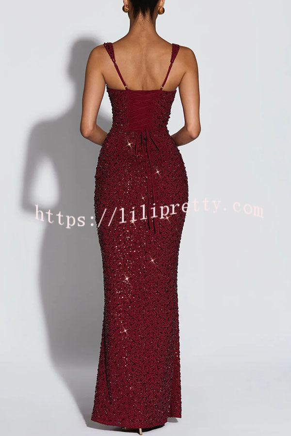 Calanthe Sequin Embellished Chiffon Ruched Square Neck Back Lace-up Maxi Dress